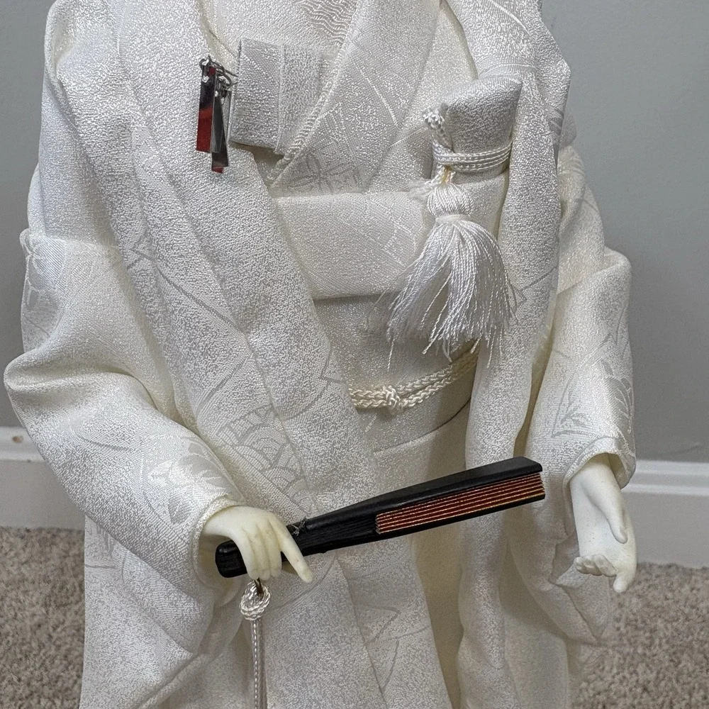 Vtg Japanese Bride Doll White Kimono Wedding Geisha Kanaku The Leader Maiko Fan